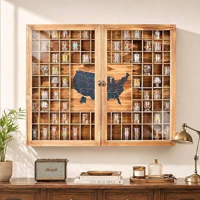 Large US Map Shot Glass Display Case 102 Slots with Acrylic Glass Door, 39 x 32''Rustic Brown Wood Holder for 2 Different Size Shot Glasses, Bars Wine Cellars Used for Jewelry Stones Shell