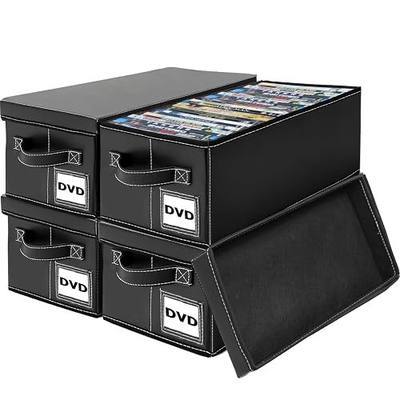 PU Leather DVD Storage Box with Handle - 4 Pack | Holds 100 DVDs/Blu-rays/Games, Compact 15.7x7.9x5.7 Inches, for Desktop/Closet Storage