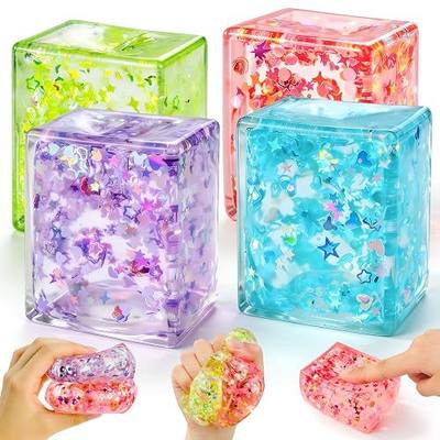4 Pack Glitter Ice Cube Stress Ball, Soft Cube Colorful Sensory Fidget Toys for Adults & Kids, Fun Square Squeeze Toys for Anxiety Stress Relief, Great Holiday & Birthday Gifts, Classroom Prizes