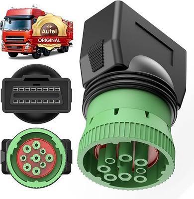 Autel Original Type 2 Green 9pin J1939 to 16pin OBD2 Female Adapter, Male to J1962 OBDII Connector, Work for Heavy Duty Trucks, Used for ELD Device & GPS Tracker & Truck Scanner