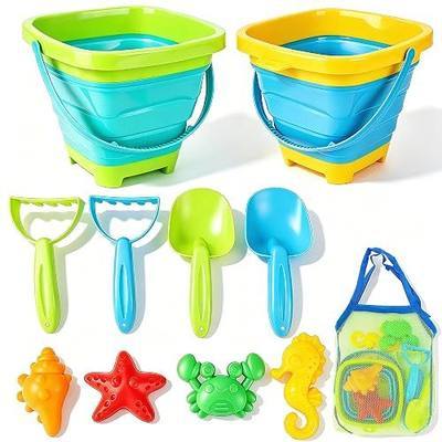 VGY Space-Saving Beach Toys for Kids,2 Collapsible Sand Buckets with Shovels,Rakes,Molds & Mesh Beach Bag,Portable Travel Sandbox Toys for Toddlers Ages 3-10