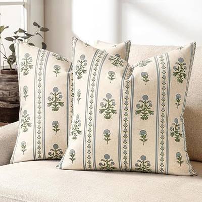 Striped Floral Throw Pillow Covers 20x20 Inch Set of 2 Blue Green | Decorative Farmhouse Boho Botanical Print, Cottagecore Home Decor, Cushion Covers for Sofa Couch Chair Bedroom Living Room
