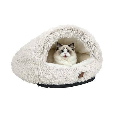 YooxArmor Washable Dog Bed, Windproof Round Hooded Cat Bed Cave for Small Medium Pets, Self Warming Anti-Anxiety House with Fluffy Cover (Brown-S)