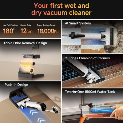 uwant Wet Dry Vacuum Cleaner 180°Lay-Flat Push-in Vacuum Mop All in One with 18000Pa Suction Auto Self-Cleaning Anti Odor Stick Dual-Edge Vacuum Cleaner Set of 1 for Hard Floor/Carpet D100