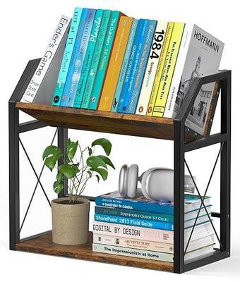 Desktop Bookshelf, Wooden Desk Shelf Organizer, Brown | 2-Tier Desk Top Storage Rack for Office, Dorm, Bedroom Decor, Small Tabletop Shelf for Books, Plants & Accessories