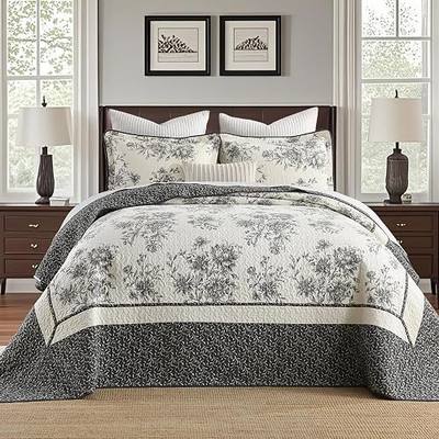 DDUOXIN Botanical Oversized King Bedspread - 120W x120L 100% Cotton Quilt | Vintage Floral Bedroom Decor Bedding Set, Lightweight Reversible Super XL Bed Spread with 2 Pillow Shams, Charcoal Gray/Cream