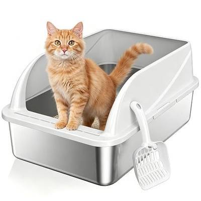 Stainless Steel High Sides Cat Litter Box with Scoop, Open Top Litter Pan for Indoor Cats, Easy to Clean, Reduced Litter Scatter, Medium