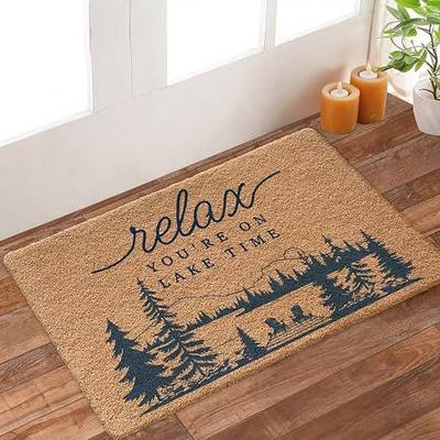 Lake House Faux Coir Door Mat Outdoor Indoor Entrance Entryway, Retro Forest Mountain Lakeside Cabin Doormat Inside Outside, Relax You're on Lake Time Welcome Mats for Front Door, 17x30 Inch