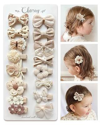 Cherssy Boutique Baby Hair Bow Clips, 16 Pcs Tiny Floral Baby Barrettes Fully Lined Alligator Clips, Handmade Hair Accessories for Infant Toddler Girl's Fine Hair