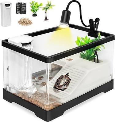 Large Turtle Tank Kit,All in One Red Eared Slider Starter Aquarium | Turtle Aquatic,Multi-Function Area Habitat,Includes Silent Filter,Filter Plates,UVB Lamp,Bulb,Plants,Stone,Basking Platform