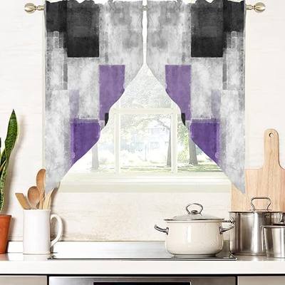 AAtter Purple and Black Kitchen Swags, Abstract, 28" W x 36" L, 2 Panels | Modern Small Short Bathroom Window Curtains, Rod Pocket Topper Valances, Plum Grey Geometric Plaid, Cool Neutral Checkered