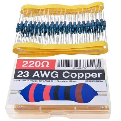 220 ohm Resistor 100pcs 23 AWG Copper Wire 1/2W 1% Hi-Fi Metal Film Resistor 0.55mm Non-Magnetic Lead Low Noise Resistance Breadboard Audio-Grade Construction Precision Measurements (220 ohms)