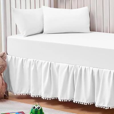 NSGZ Crib Bed Skirt White Pompom Ruffled Dust Ruffle 28x52 Inch 14 Drop | Soft Microfiber, Cascading Pompom Ruffles, Conceals Under-Crib Space, Fits Standard Cribs, Machine Washable