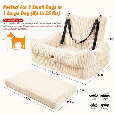 Pawaboo Dog Car Seat Bed, Memory Foam Booster for Medium/Large Dogs, Beige | Rear-seat pet travel bed with washable cover, safety leashes, thick cushion, and room for 2 small dogs