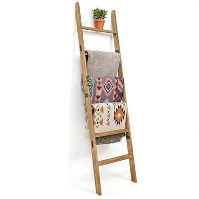 FUIN Blanket Ladder, 5.5ft Rectangle Rung Rustic Solid Wood Decor Rack | 6 rungs, farmhouse towel quilt display holder, showcase picture frames or plants, leaning wall, bathroom and living room use