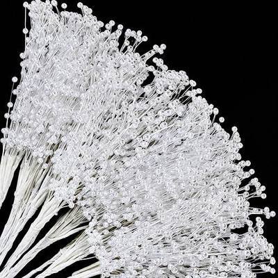 50 Pcs White Pearl Beaded Stems for Wedding Bouquets and Floral Crafts | Flexible 4mm faux pearl stems, about 9.5 inches long, for bouquet making, vase arrangements, centerpieces and DIY crafts