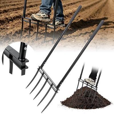 Broadfork, 12" Long 5-Tine Broadfork Gardening Tool for Gardening Cultivation Composting Transplanting Digging Farm Crushing Soil Aeration Garden Fork for Loosening Soil