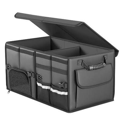 Trunk Organizer Car Organizer Leather Storage Box 2-grid Foldable | For SUVs & Pickup Truck Sedans Sturdy Organization for Car Accessories, Tools Sundries Collapsible and Adjustable 23.6 Inch