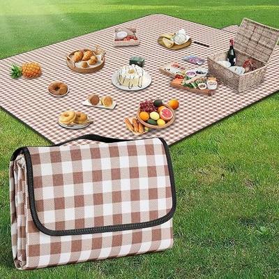 Large Picnic Blanket,78” x 118” Large Camping Blanket,with Handle,Waterproof and sandproof Bottom,Machine Washable,Outdoor Foldable Hiking Blanket,Portable and Easy to Clean (Coffee Grid)