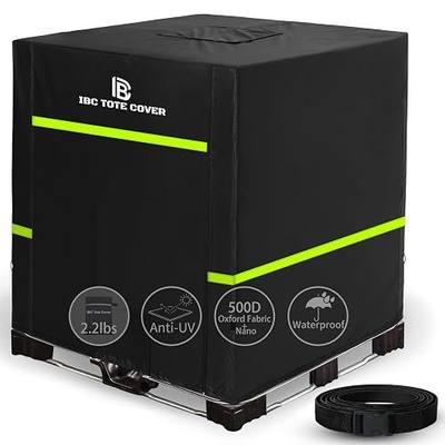 275 Gallon IBC Tote Cover,500D Silver Thermal Cover, Side Zipper for Water Level, Valve & Top Hook-and-Loop Flaps, Waist & 4 Corner Straps for Windproof - Black