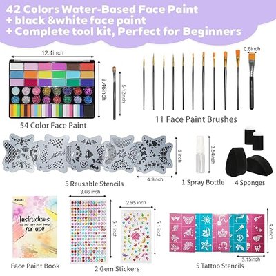 42 Color Face Painting Kit - Non-Toxic Water Activated Face & Body Paint Set with Stencils, Brushes, Sponges - For Halloween, Carnival, Birthday Parties, Costume Makeup, Festivals & Events