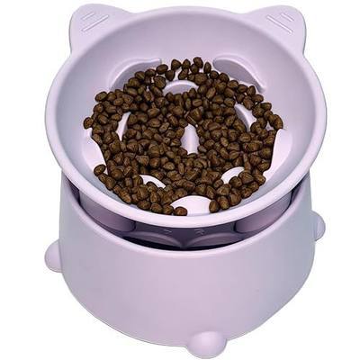 Silicone Slow Feeder Cat Bowl, 5.4'' Elevated Cat Slow Feeder Bowl Tilted Design, Adjustable Height Raised Cat Food Bowl, Easy to Clean, for Indoor Cats and Small Dogs (Lilac)