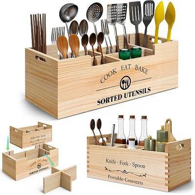 Extra Large Utensil Holder, 2-in-1 Pine Wood Utensil Organizer Countertop with Removable Dividers, Cutlery and Silverware Storage Box for Kitchen Counter, Camping, Picnic and BBQ