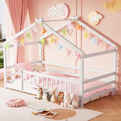 Twin House Bed, Montessori Floor Bed with Fence and Roof, Solid Wood Low Bed Frame with Headboard & Footboard for Boys & Girls, No Box Spring Needed, White
