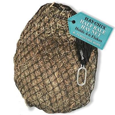 hay chix Half Bale Slow Feed Hay Net for Horses - 1 3/4" Holes - Turquoise | Hay Bag Feeder for Stall, Trailer & Fence - Marine-Grade UV-Treated Nylon - Holds 4-6 Flakes - Easy to Fill - Color Rope