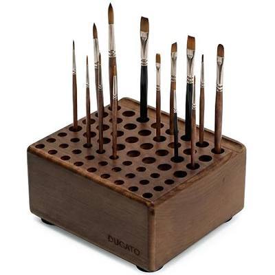 DUGATO Wooden Brush Holder, 59 Hole Desk Organizer with Rest Groove | Tabletop Stand for Paint Brushes, Pencils, Pens & Art Supplies, Built-In Drying Rest, Studio Desktop Rack