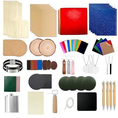 Laser Engraving Material Kit, 136 PCS 22 Types Wood Acrylic Metal Leather Blanks for Beginner, DIY Gifts, Laser Cutter Engraver Testing