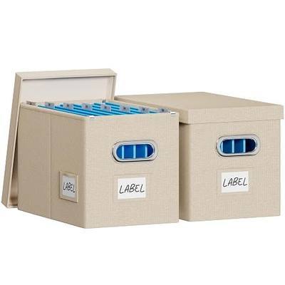 FHSQX File Box with Lid-File Organizer Box Set of 2 Portable Hanging File Box-Decorative Filing Storage Boxes for Office & Home File Cabinet (Beige, 14 x 9.3 x 10.9 in (2Pack))