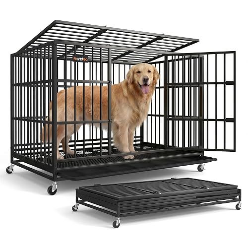 Feandrea Heavy-Duty Dog Crate, 5-Minute Quick Assembly, Foldable Dog Kennel Cage with Lockable Wheels, Double Doors, Escape Proof Fixed Bottom, Removable Tray, Easy to Clean, Ink Black, 48 Inch