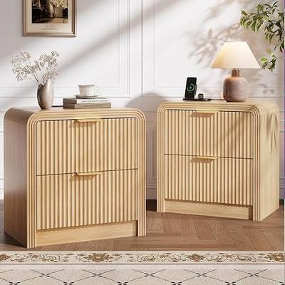 Decofy 23'' Wide Fluted Nightstand Set of 2 with Charging Station, Oak | Beside Table with Drawers & Open Shelf, Mordern Large Night Stand with Curved Corners, Wood End Table for Bedroom