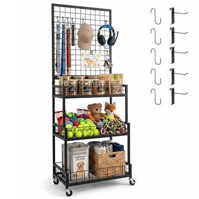 Rolling Gridwall Display Stand with 3 Storage Shelves and 10 Hooks | Black metal retail rack for craft fair vendors, art show, pop-up shops, craft rooms and home
