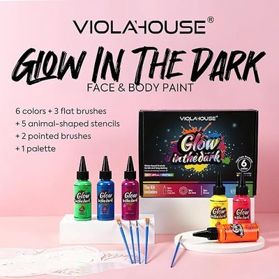 VIOLA HOUSE Glow in The Dark Paint, Under UV Black Light, Washable & Long Lasting, Neon Body Paints, Fluorescent Face Paints, For Party Special Effects & Cosplay (6 Colors)