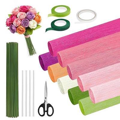Crepe Paper Streamers 10 Rolls,10 * 98in Pastel Crepe Paper Sheets Kit for DIY Gift Colourful Paper Flower with 100 Pcs Flower Stalk,Gardening Tape,Scissors,Double-Sided Tape and Glue Sticks (Pink)