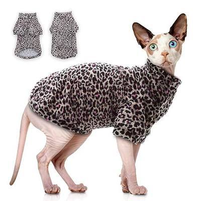 Sphynx Cat Clothes - Soft Warm Long Sleeve Cat Sweater | Soft warm fleece. Long enough to cover belly. Stretchy, easy to put on. For Sphynx. Washes well.(Purple Leopard, Small)
