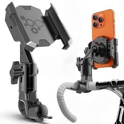 Motorcycle Phone Holder with Extended Arm, Bike Mountain Scooter ATV Treadmill Phone Mount, Handlebar Cell Phone Cradle Clamp, for All 4.7-6.9" Phones, Stronger Clamping Force Non-Drop (Black)