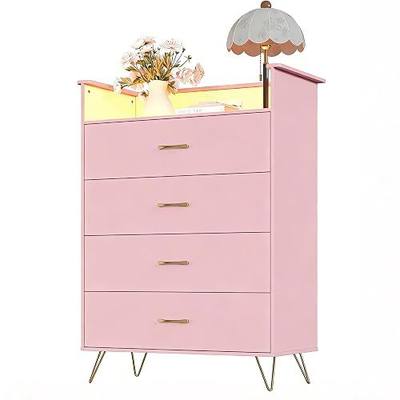 Jojoka 4 Drawer Dresser with RGB LED Light & Charging Station - Modern Chest of Drawers with App Control - Tall Wooden Dressers Chest, Closet for Bedroom, Living Room, Entryway, Hallway – Rose