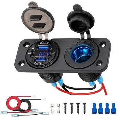 12V USB Outlet Marine Socket Panel, 4-Port USB C Car Charger with Dual PD3.0 30W & Dual QC3.0 18W, LED Voltmeter, 150W Blue LED Cigarette Lighter Socket for Boat RV ATV Truck