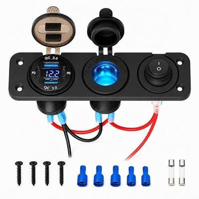 3 in 1 Cigarette Lighter Socket, 12V Outlet USB Dual PD3.0 & Dual QC3.0 Power Outlet Marine Switch Panel Plug with ON/Off Rocker Toggle Switch & LED Voltmeter for Marine Boat Truck RV Car