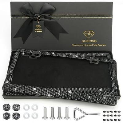 Shering 2 Pack Bling License Plate Frames for Women, Stainless Steel, 1200pcs Rhinestone Sparkly Diamond, Handmade Bedazzled Cover (Black)