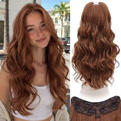 WECAN Clip In Hair Extensions, 20 Inch 3PCS Wavy Auburn Synthetic Hair | V-Shape Weft Base, Seamless & Natural Looking, Soft Fiber, Easy to Wear, For Thin Hair, Auburn, Beginner Friendly