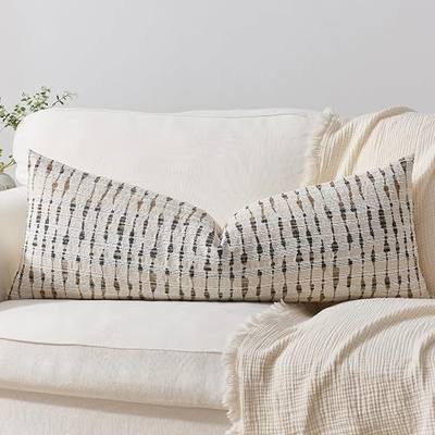 DEZENE Boho Textured Long Lumbar Pillow Cover 14x36, Irregular Dot Accent Rust Decorative Body Pillow Cover, Neutral Modern Farmhouse Couch Pillow Case for Sofa Bedroom Living Room, Khaki and Grey