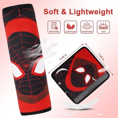 Amintiri Seat Strap Shoulder Pads for Kids, Seat Belt Cover for Children, Soft Furry Seat Belt Cushion for Travel, Cartoon Car Seat Belt Pad Cover for Boys and Girls. (Red Miles)