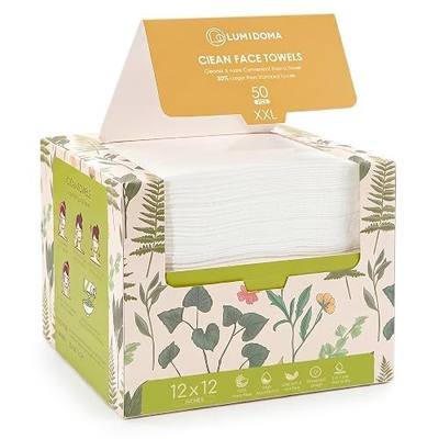 XXL Disposable Face Towel 12x12 Inches Extra Thick Facial Cleansing Cloths, 100% Plant-Based Pure Fiber Dry Wipes for Sensitive Skin, Makeup Removing, 50 Count
