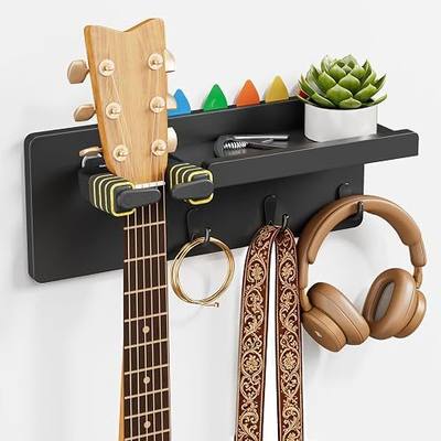 Bikoney Guitar Wall Mount with Shelf & 3 Hooks, Auto Lock Guitar Hanger | Guitar Wall Hanger Holder Stand,Universal for Guitar, Electric Guitar, Bass, Ukulele,Pine Wood, Black