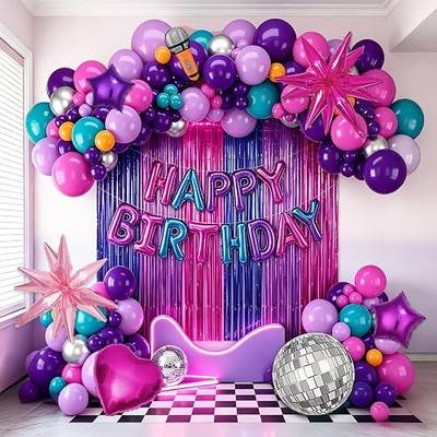 Music Themed Birthday Decorations, Pink Purple Teal Blue Sliver Balloon Garland Arch Fringe Curtain Disco Ball Star Heart Microphone Foil Balloons for Cartoon Movie Fans Festival Singer Party Supplies