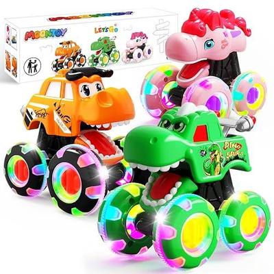 3 Pack Monster Truck Toys for Toddlers 1-3, Press & Go Cars with Flashing LED Wheels & Moving Mouth, Dinosaur Cars for 2 3 4 One Two Year Old Boy Birthday Gifts